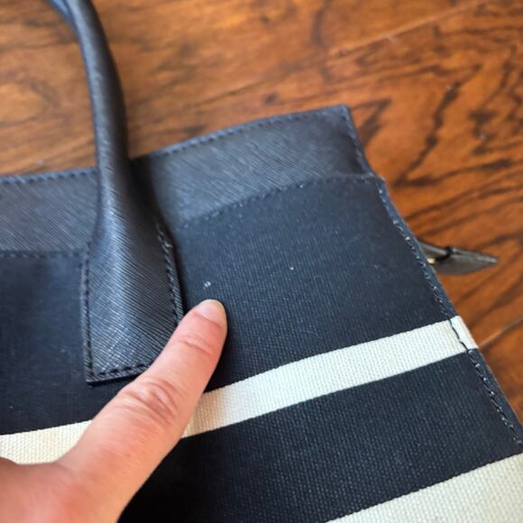 Kate Spade Madison Stripe Saffiano Leather and Canvas Satchel Tote Black White - Picture 12 of 14